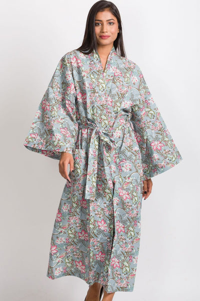 Long Cotton Robe - Frosted Roses
