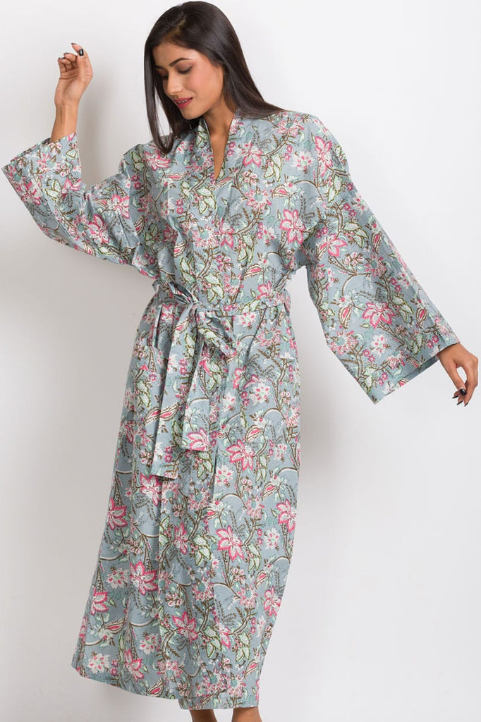 Long Cotton Robe - Frosted Roses