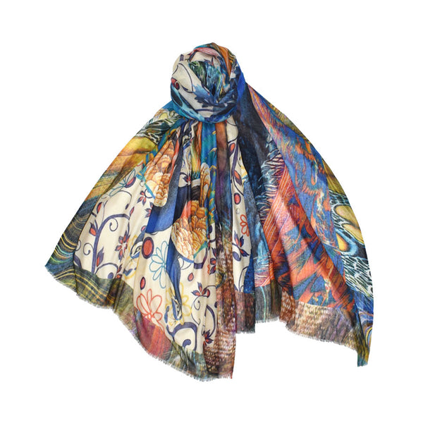 The Regal Peacocks Trio Cotton-Silk Scarf