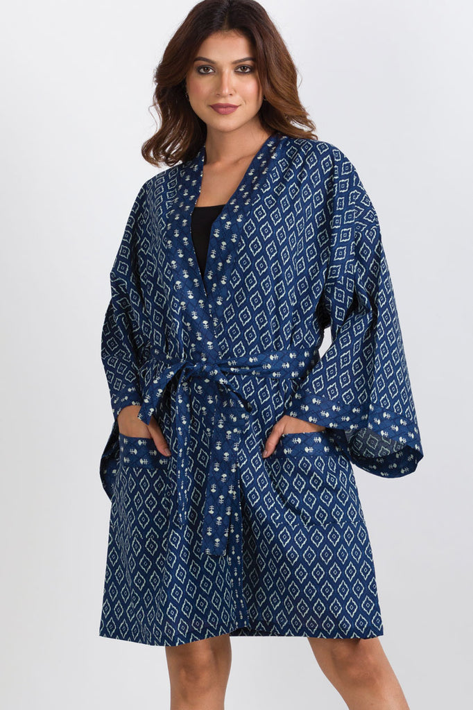 Short Cotton Robe - Indigo Geo