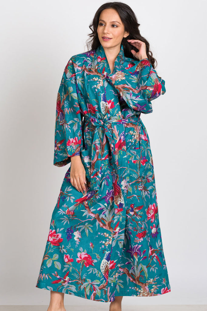 Long Cotton Robe - Teal Island Bird