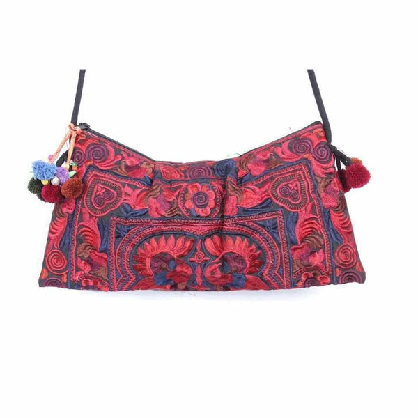 Embroidered Cross-Body Purse - Red Wine & Midnight Blue
