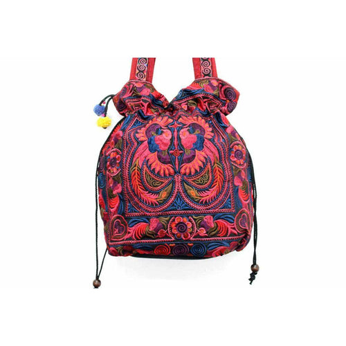 Embroidered Cinch-Top Shoulder Bag - Red Wine & Midnight Blue