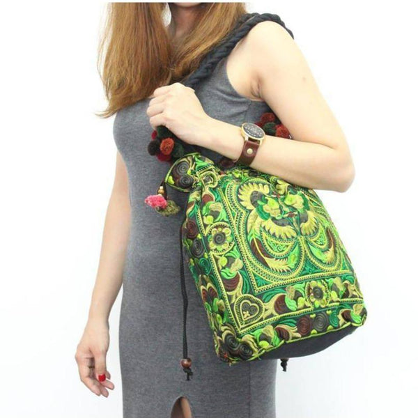 Embroidered Cinch-Top Shoulder Bag - Red Wine & Midnight Blue